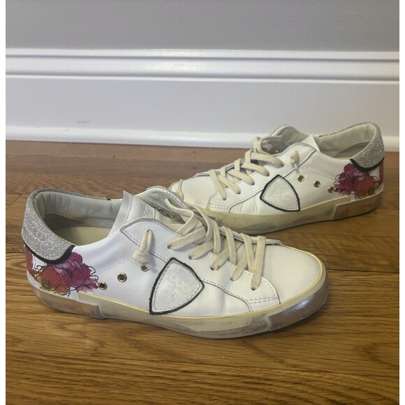 PHILIPPE MODEL Sneakers White Floral Roses Silver Glitter Distressed Size 37 - Picture 1 of 16